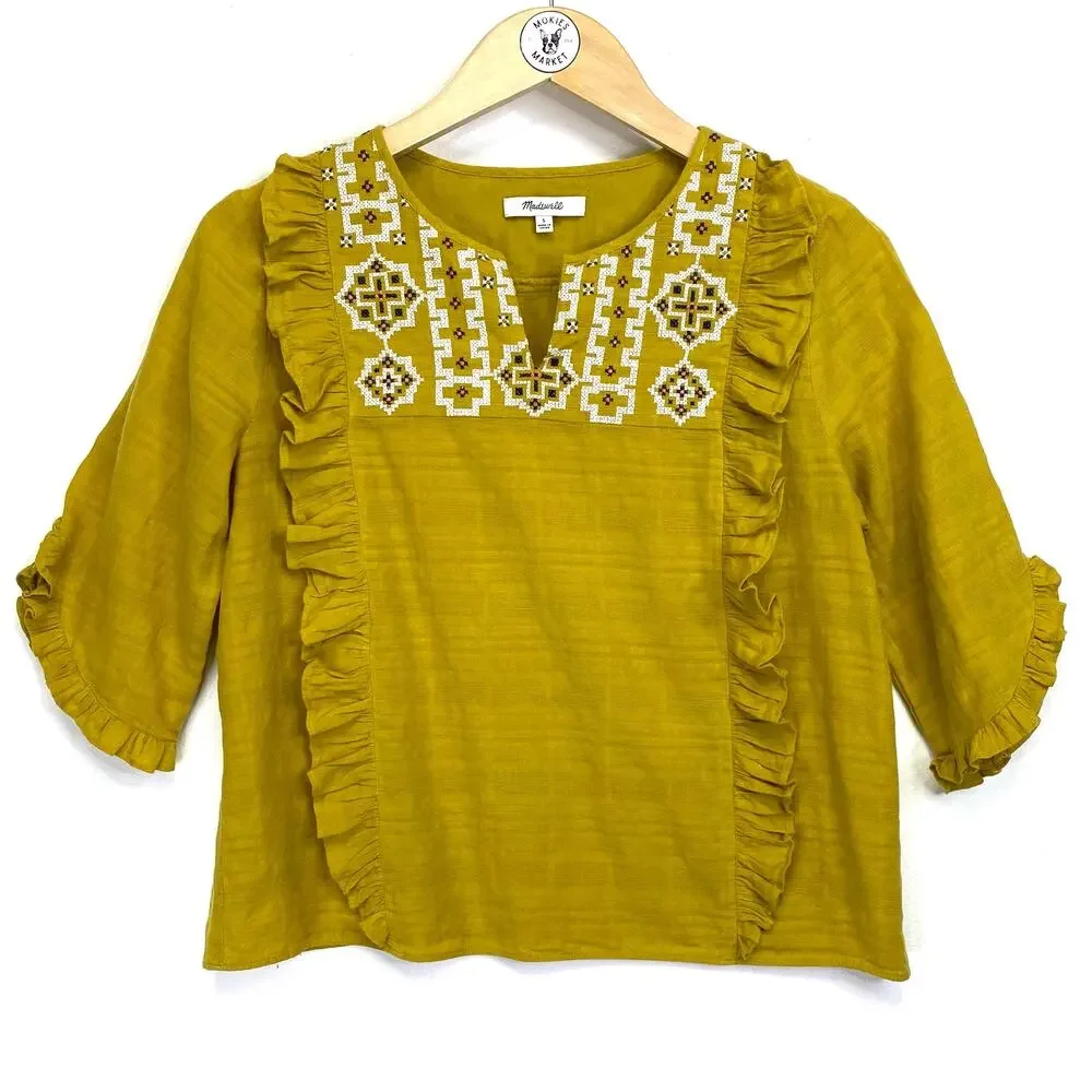Madewell Embroidered Cassia Ruffle Top Womens Sz S Yellow Boho Summer 3/4 Sleeve - Picture 2 of 9